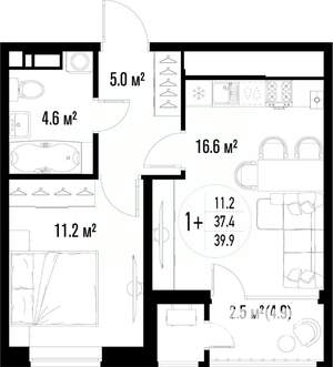 1-к квартира, вторичка, 40м2, 13/25 этаж