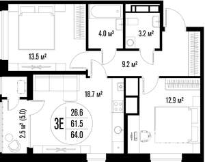 2-к квартира, строящийся дом, 64м2, 14/18 этаж