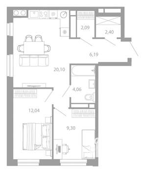 2-к квартира, вторичка, 56м2, 20/26 этаж