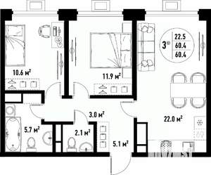 3-к квартира, вторичка, 60м2, 5/25 этаж