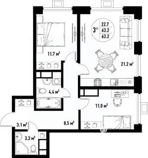 3-к квартира, вторичка, 63м2, 8/25 этаж