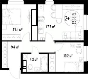 2-к квартира, строящийся дом, 54м2, 16/25 этаж