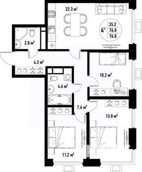 4-к квартира, вторичка, 77м2, 19/25 этаж