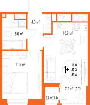 1-к квартира, вторичка, 39м2, 2/18 этаж