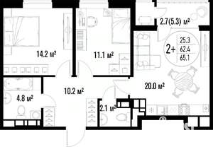 2-к квартира, вторичка, 65м2, 8/20 этаж