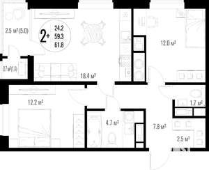 2-к квартира, вторичка, 62м2, 2/18 этаж