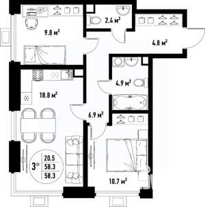 3-к квартира, вторичка, 58м2, 3/25 этаж