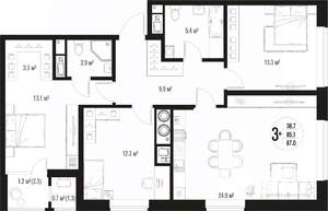 3-к квартира, вторичка, 87м2, 7/17 этаж