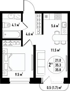 2-к квартира, вторичка, 36м2, 13/24 этаж