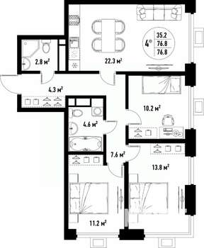 4-к квартира, вторичка, 77м2, 11/25 этаж