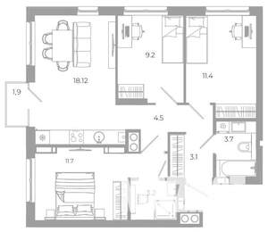 3-к квартира, вторичка, 67м2, 9/25 этаж