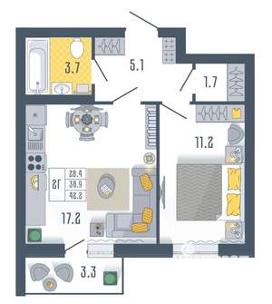 1-к квартира, вторичка, 42м2, 3/17 этаж
