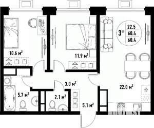 3-к квартира, вторичка, 60м2, 15/25 этаж