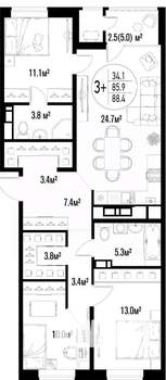 3-к квартира, вторичка, 88м2, 9/20 этаж