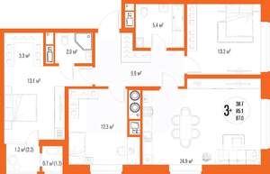 3-к квартира, вторичка, 87м2, 2/17 этаж