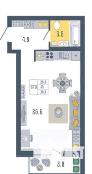 Студия квартира, вторичка, 39м2, 3/17 этаж