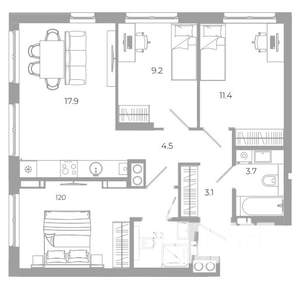 3-к квартира, вторичка, 65м2, 2/25 этаж