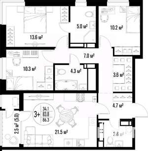 3-к квартира, вторичка, 86м2, 20/25 этаж