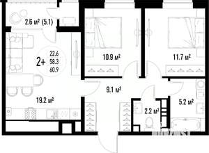 2-к квартира, строящийся дом, 61м2, 8/25 этаж