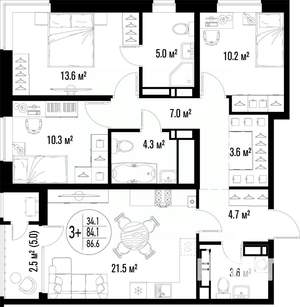 3-к квартира, строящийся дом, 87м2, 15/25 этаж