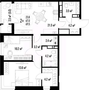 2-к квартира, строящийся дом, 70м2, 23/25 этаж