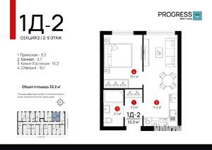 1-к квартира, вторичка, 32м2, 9/9 этаж