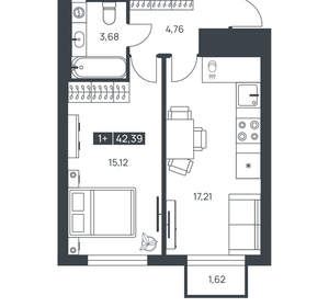1-к квартира, вторичка, 42м2, 4/16 этаж