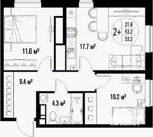 2-к квартира, вторичка, 53м2, 21/25 этаж