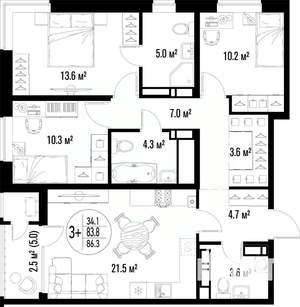 3-к квартира, вторичка, 86м2, 21/25 этаж