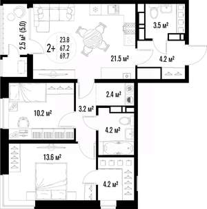 2-к квартира, вторичка, 70м2, 10/25 этаж