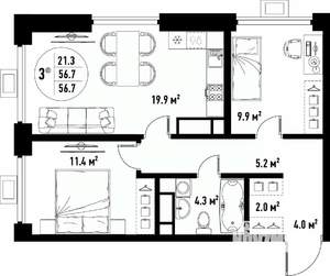 3-к квартира, вторичка, 57м2, 18/25 этаж