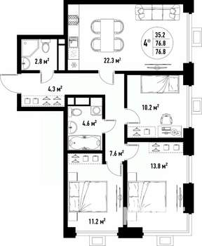 4-к квартира, вторичка, 77м2, 12/25 этаж