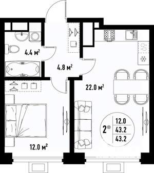 2-к квартира, вторичка, 43м2, 10/25 этаж