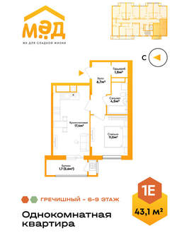 1-к квартира, вторичка, 43м2, 8/9 этаж