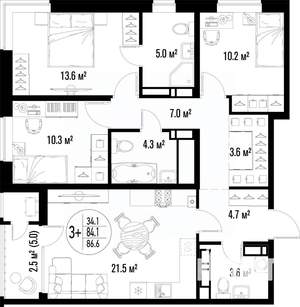 3-к квартира, строящийся дом, 87м2, 12/25 этаж