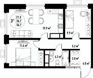 3-к квартира, вторичка, 57м2, 24/25 этаж