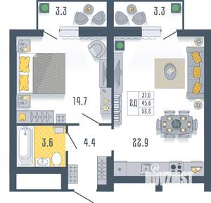 1-к квартира, вторичка, 52м2, 16/17 этаж