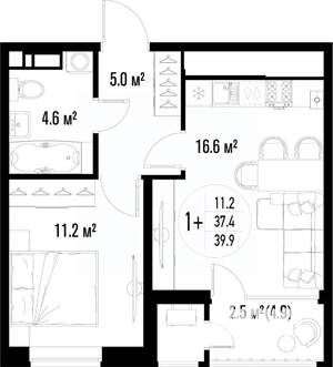 1-к квартира, вторичка, 40м2, 20/25 этаж