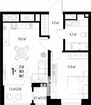 1-к квартира, вторичка, 39м2, 6/17 этаж
