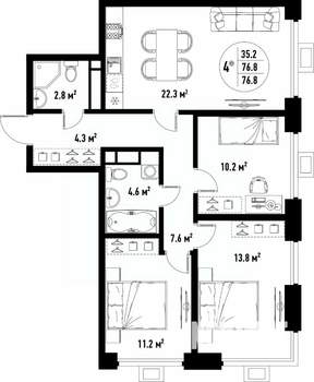4-к квартира, вторичка, 77м2, 9/25 этаж