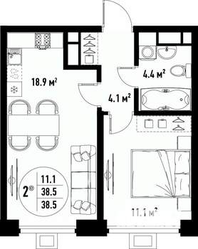 2-к квартира, вторичка, 39м2, 9/25 этаж