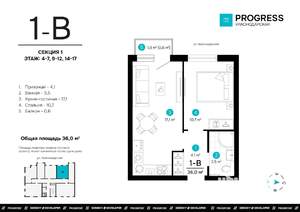 1-к квартира, строящийся дом, 36м2, 4/19 этаж