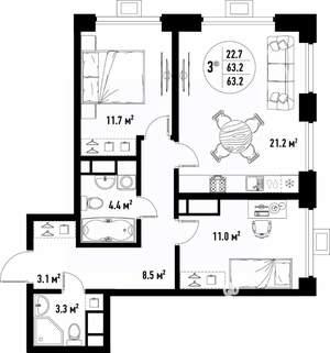 3-к квартира, вторичка, 63м2, 15/25 этаж