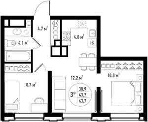 3-к квартира, вторичка, 44м2, 19/24 этаж