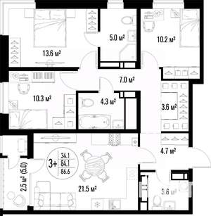 3-к квартира, вторичка, 87м2, 10/25 этаж