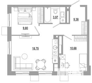 2-к квартира, вторичка, 53м2, 8/18 этаж
