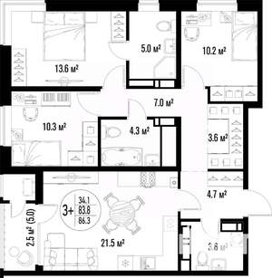 3-к квартира, строящийся дом, 86м2, 22/25 этаж