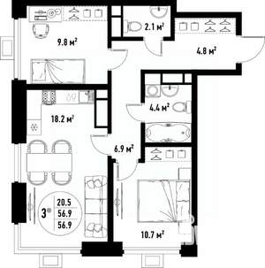 3-к квартира, вторичка, 57м2, 16/25 этаж