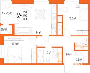2-к квартира, вторичка, 62м2, 9/18 этаж