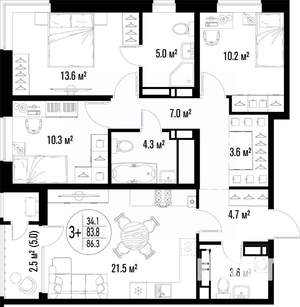 3-к квартира, строящийся дом, 86м2, 24/25 этаж